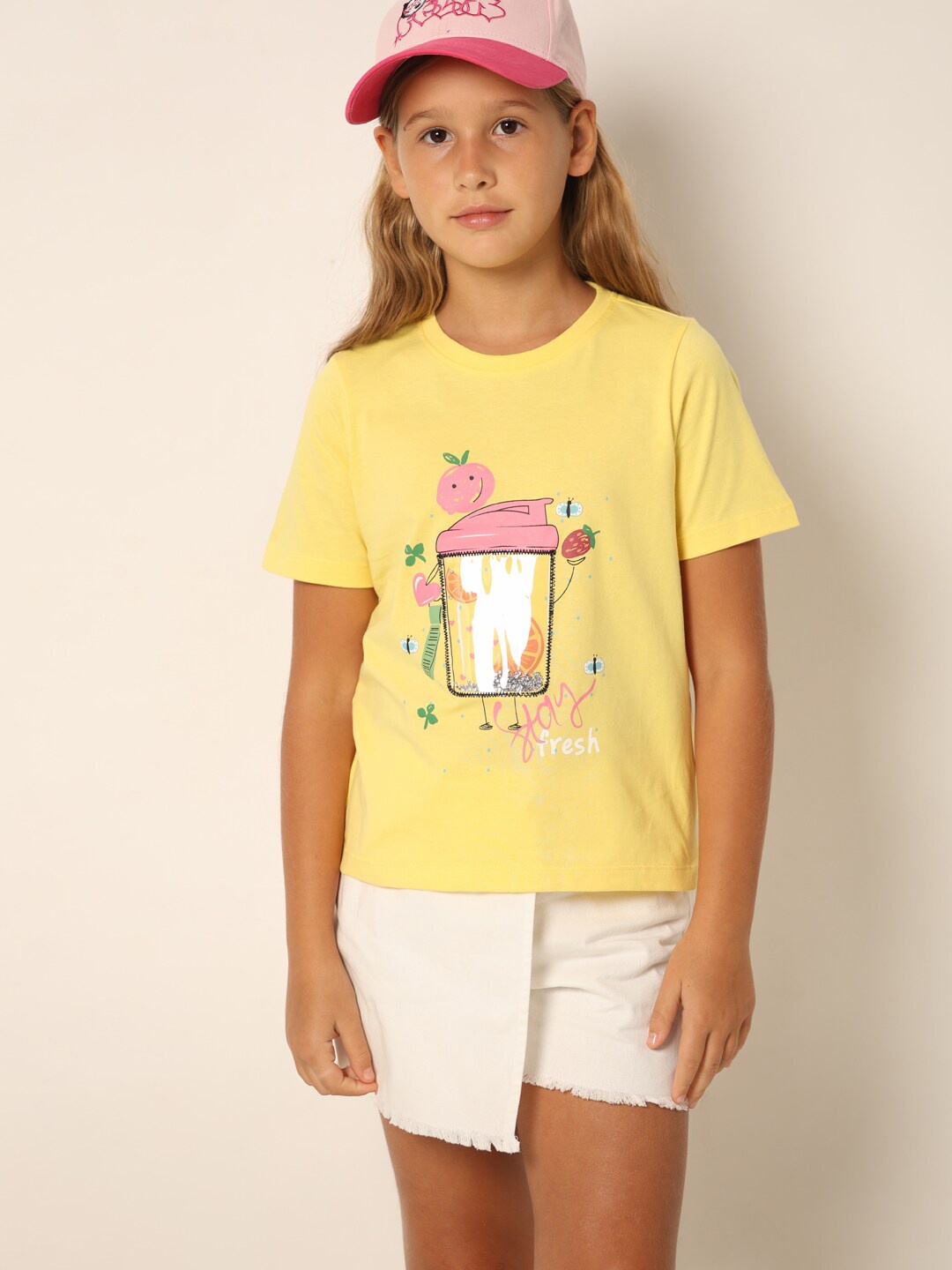

Vero Moda Girls Graphic Printed Round Neck Embellished Cotton T-shirt, Yellow