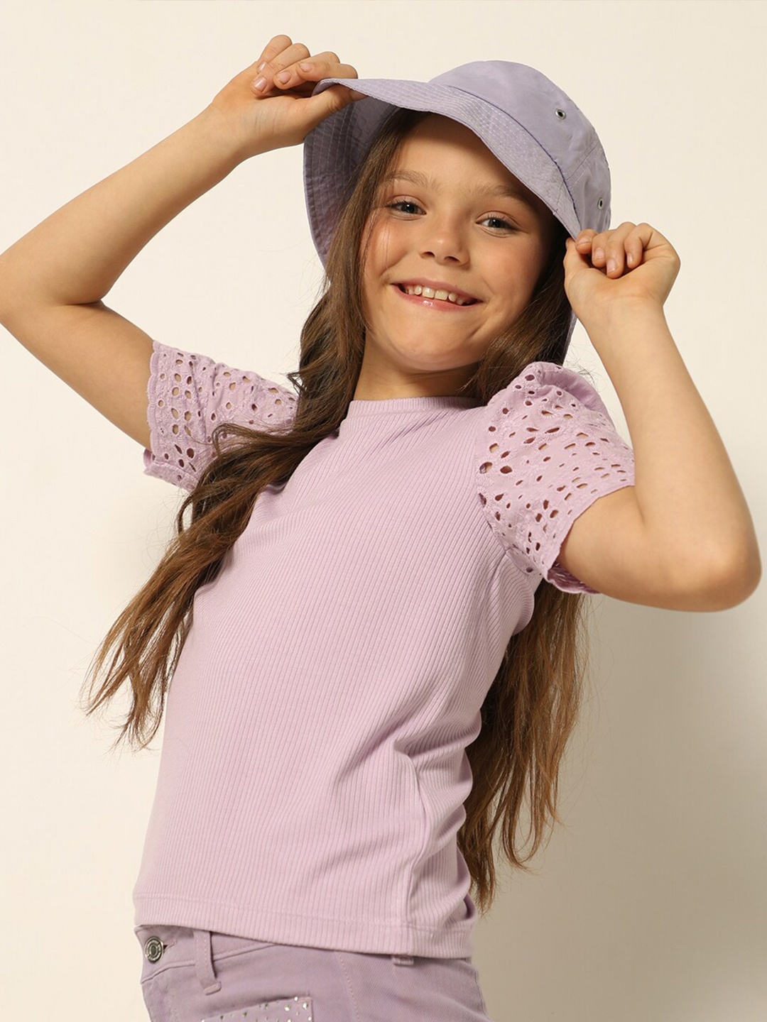 

Vero Moda Girls Self Design Round Neck Puff Sleeves T-shirt, Purple
