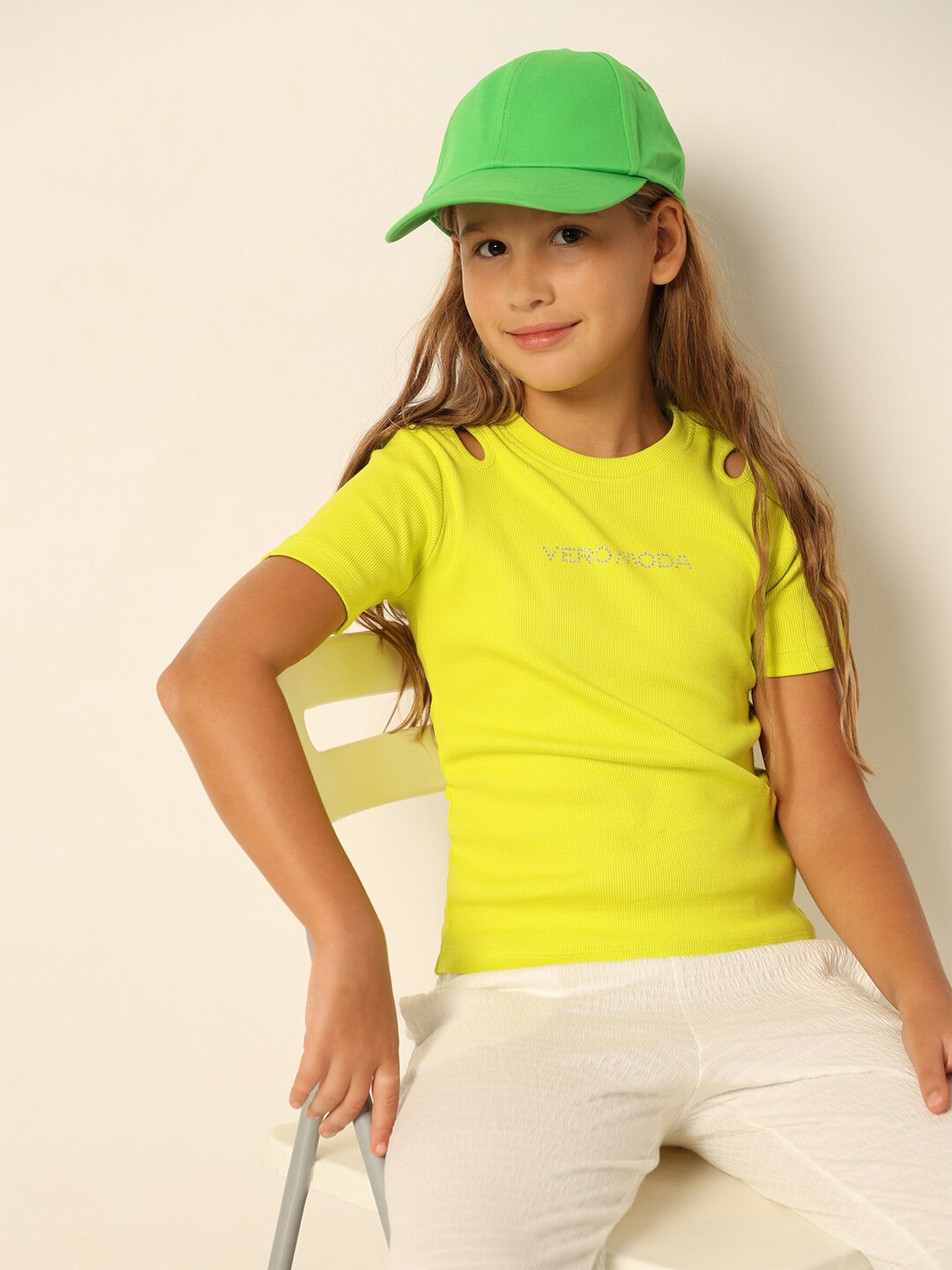 

Vero Moda Girls Self Design Round Neck Embellished Cotton Slim Fit T-shirt, Green