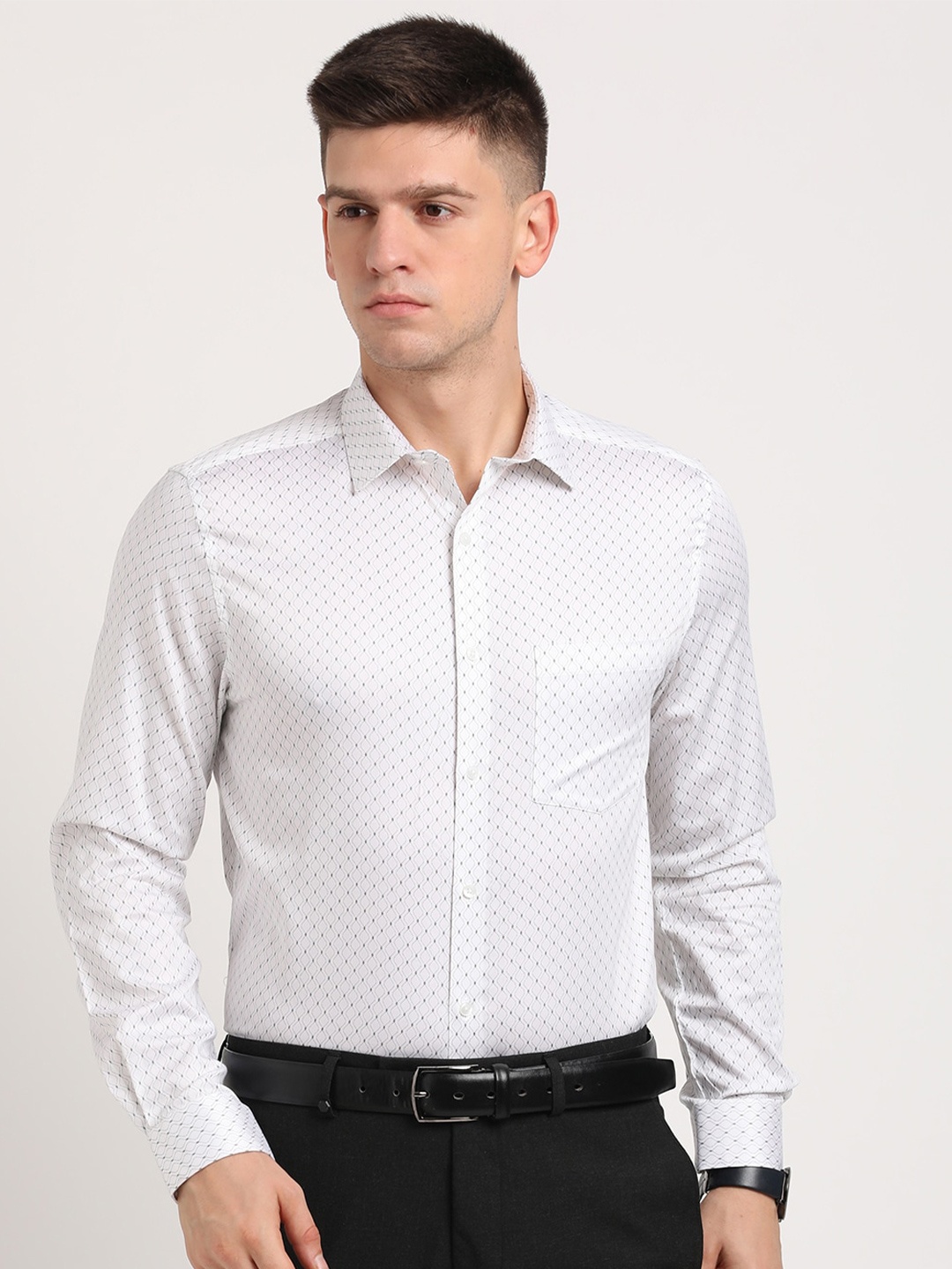 

Turtle Standard Slim Fit Micro Ditsy Printed Long Sleeves Cotton Formal Shirt, White