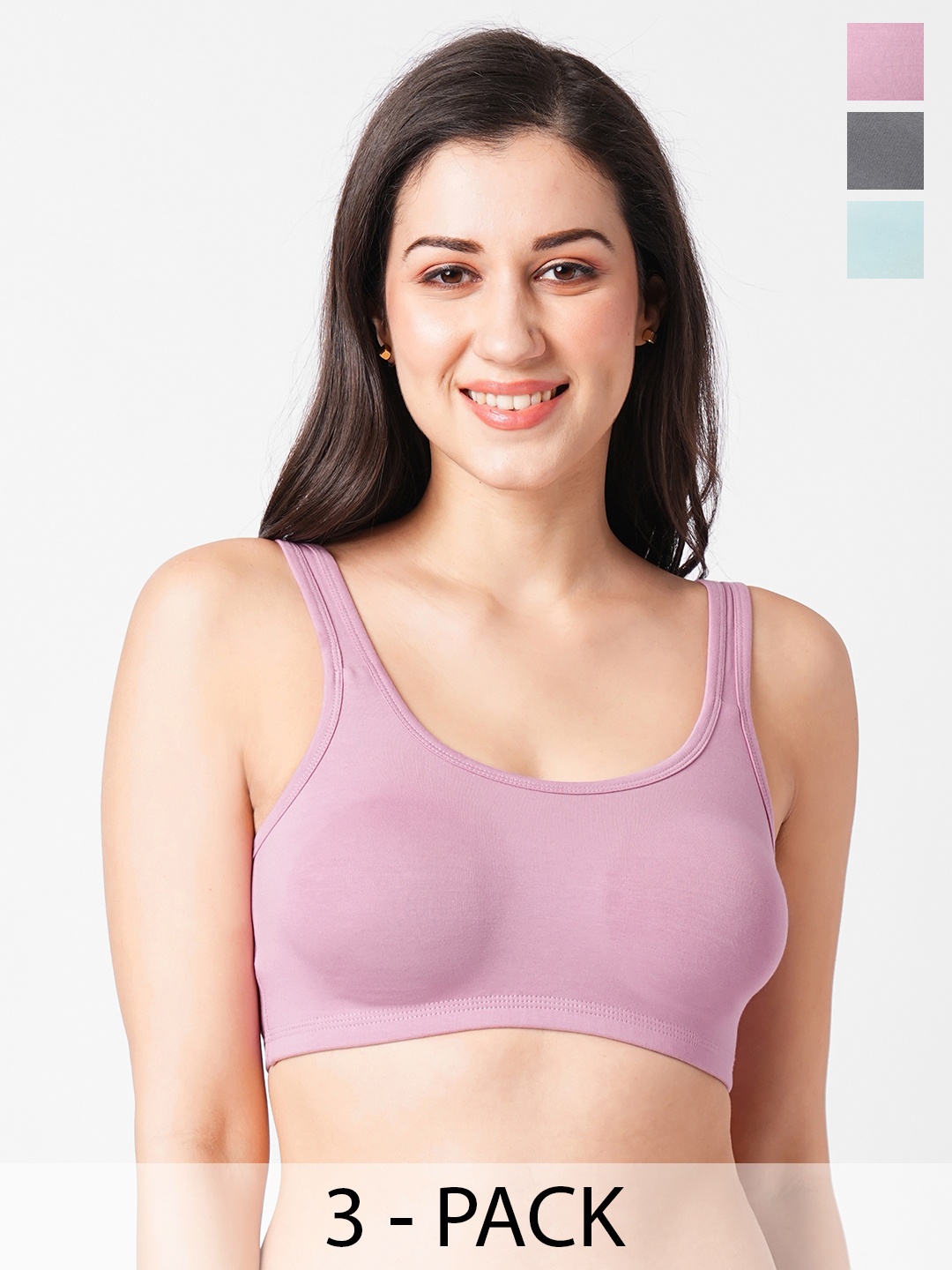 

Planetinner Pack Of 3 Full Coverage Rapid-Dry Cotton Workout Bras With All Day Comfort, Pink