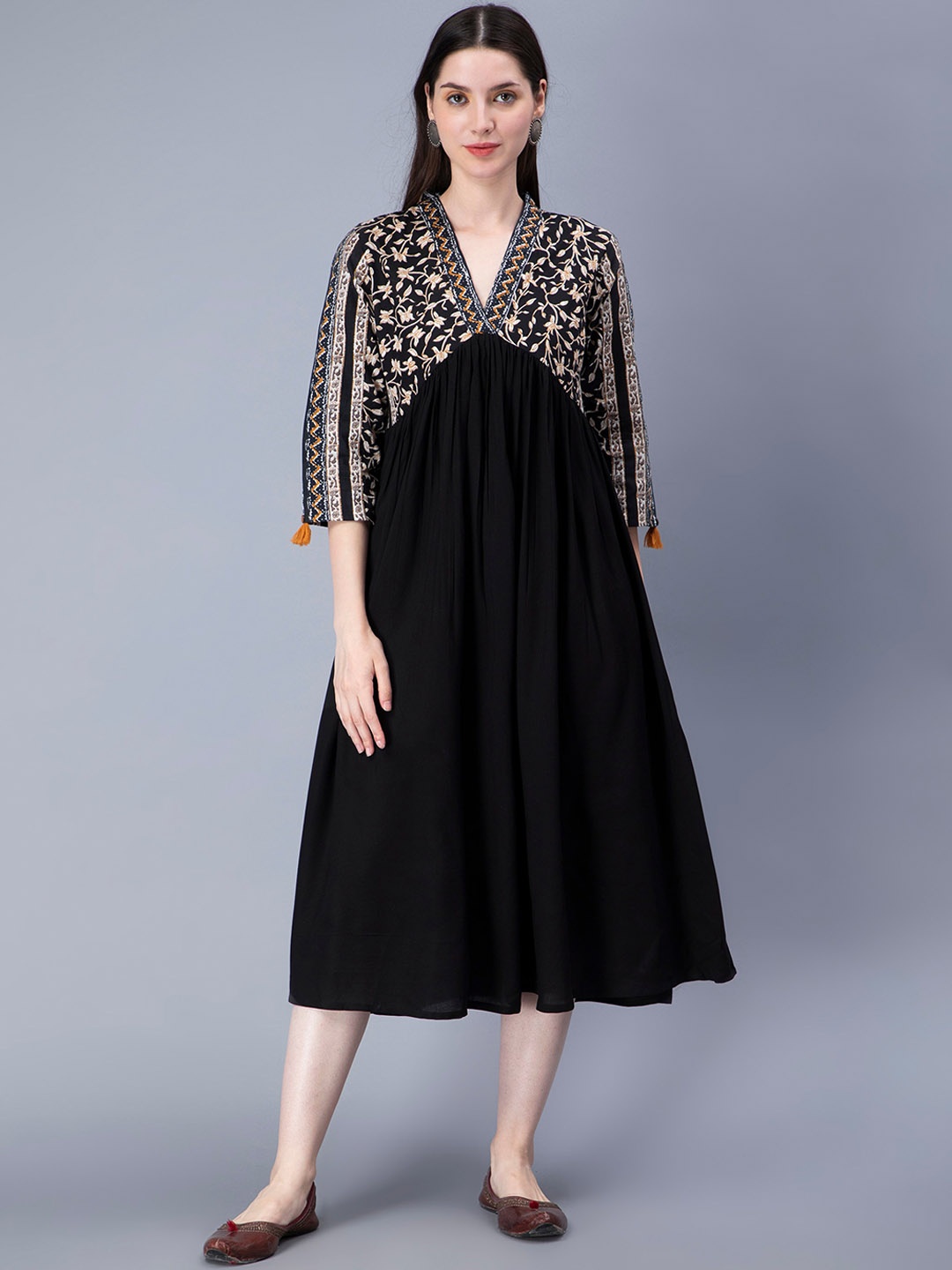 

HERE&NOW Floral Printed Pure Cotton Empire Midi Ethnic Dress, Black