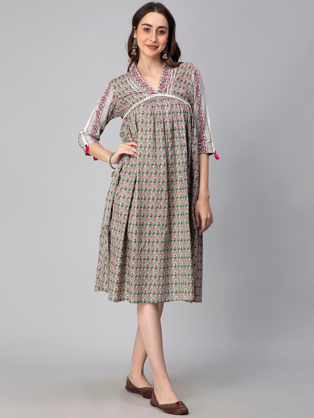 

HERE&NOW Floral Printed Pure Cotton Empire Midi Ethnic Dress, Grey