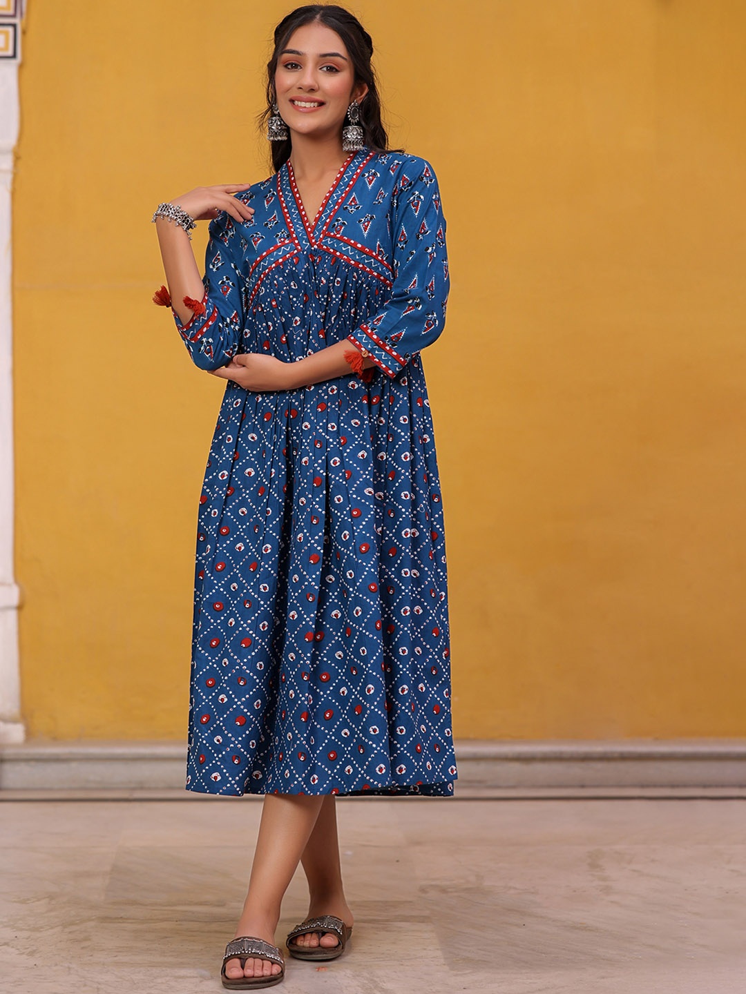 

HERE&NOW Ethnic Motifs Printed Pure Cotton Empire Midi Ethnic Dress, Blue