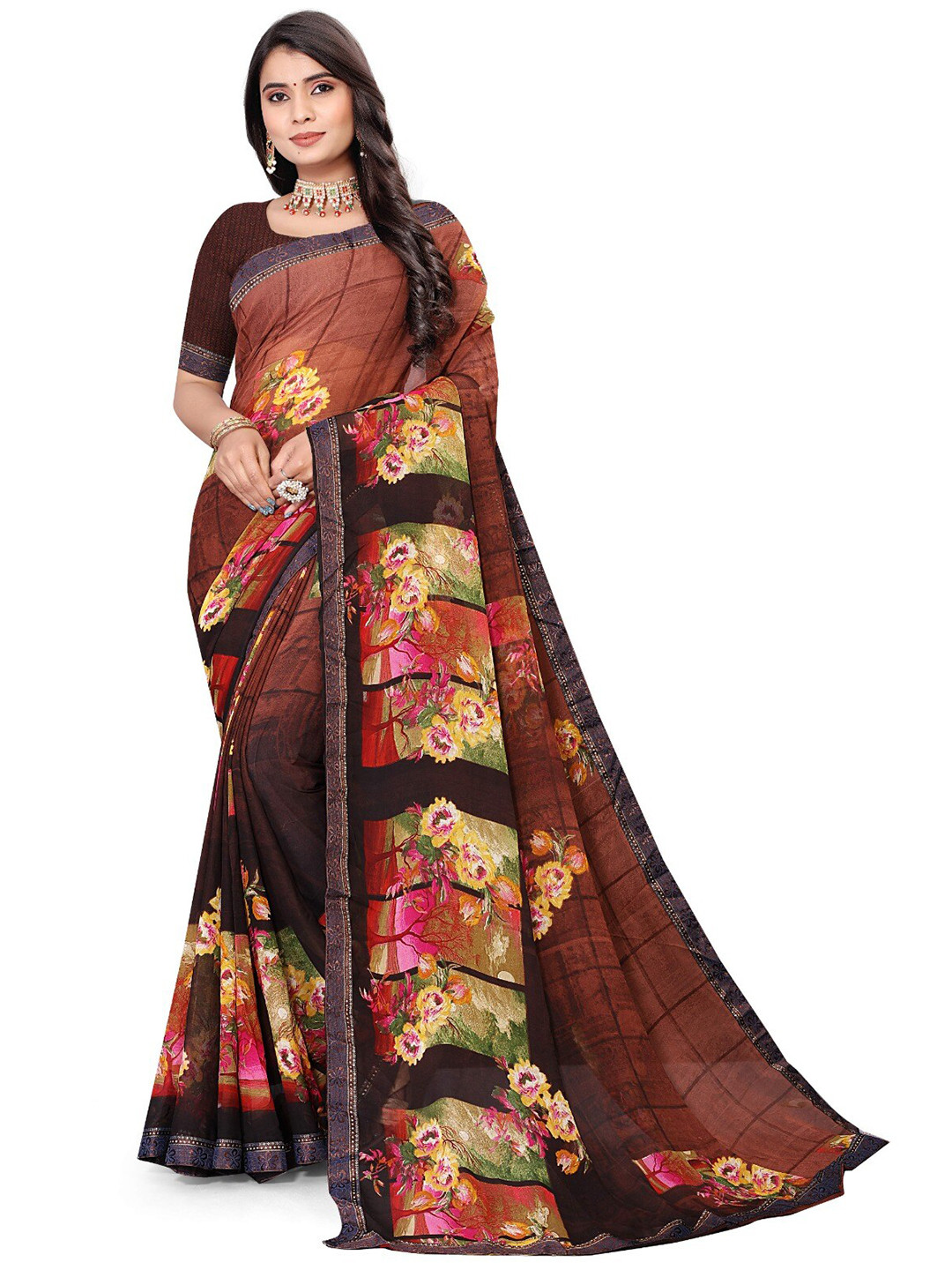 

V TEX SAREES Floral Printed Pure Georgette Saree, Brown