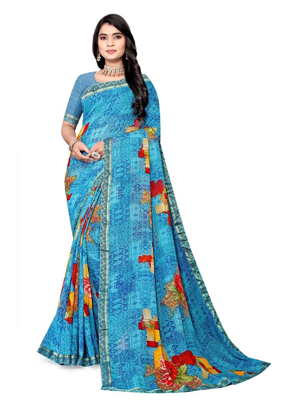 

V TEX SAREES Floral Printed Pure Georgette Saree, Blue