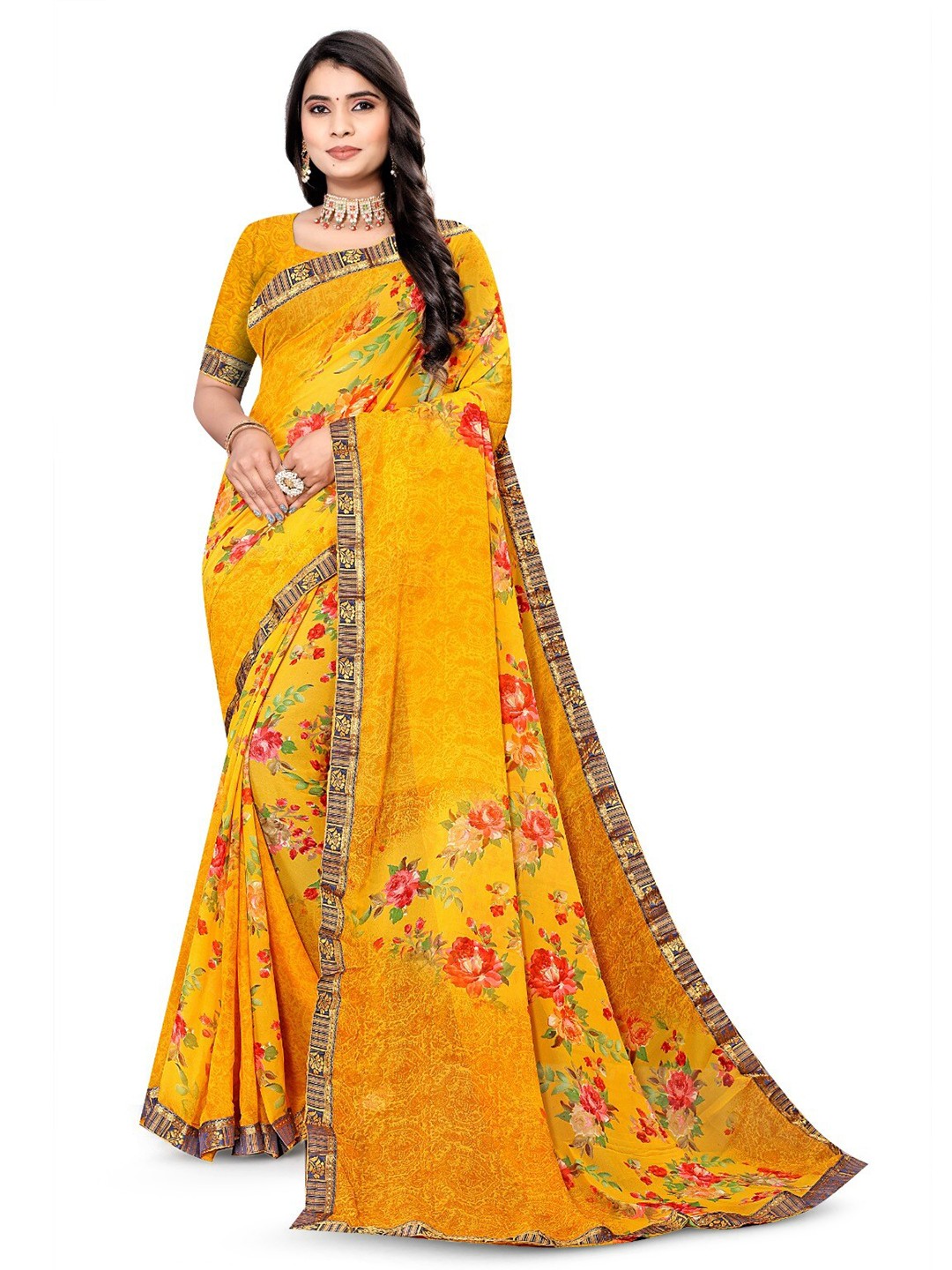 

V TEX SAREES Floral Printed Pure Georgette Saree, Yellow
