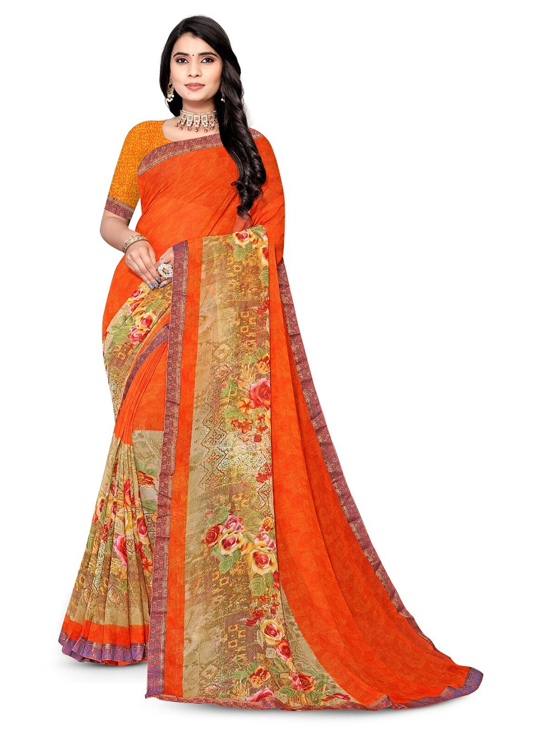 

V TEX SAREES Floral Printed Pure Georgette Saree, Orange