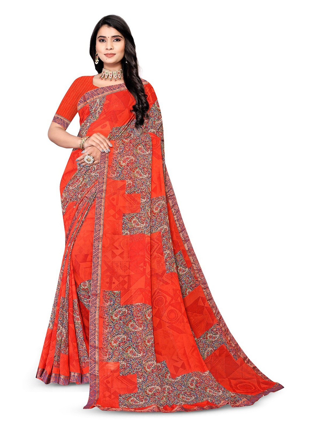 

V TEX SAREES Ethnic Motifs Printed Pure Georgette Saree, Red