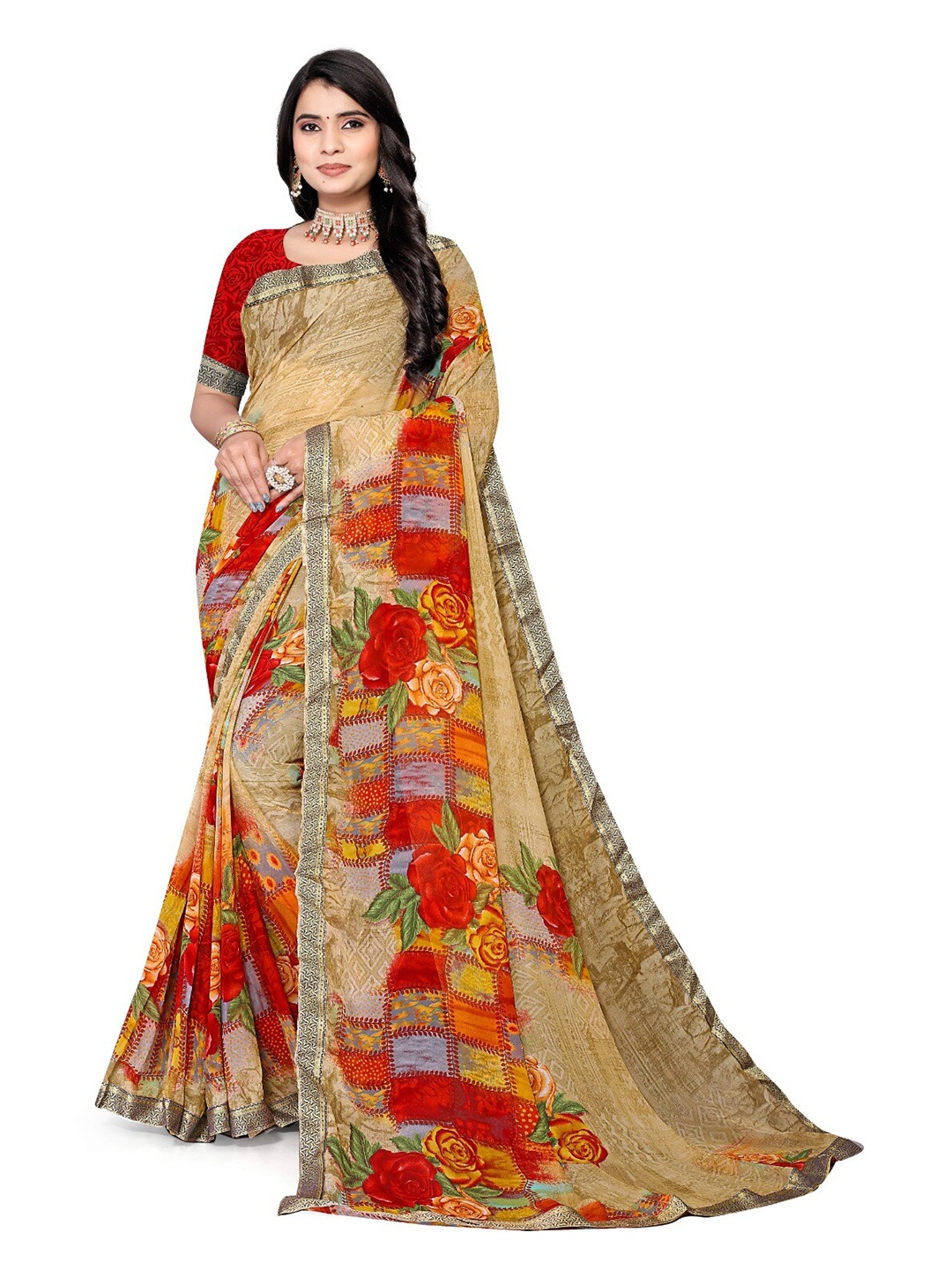 

V TEX SAREES Floral Printed Pure Georgette Saree, Beige