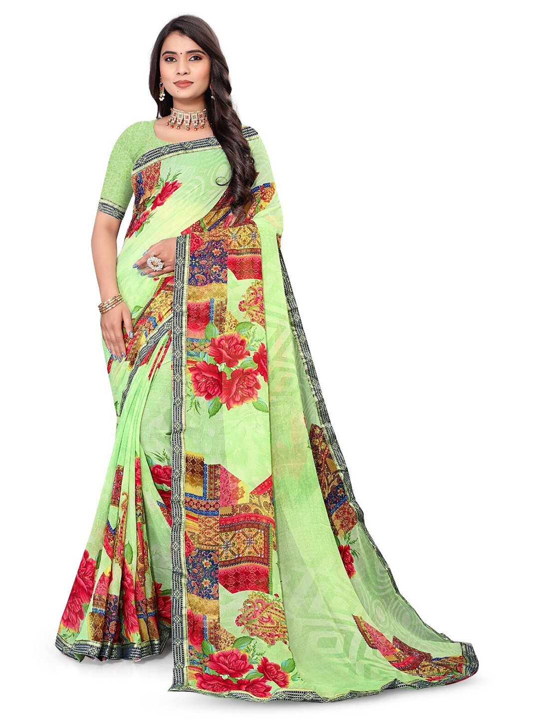 

V TEX SAREES Floral Printed Pure Georgette Saree, Green