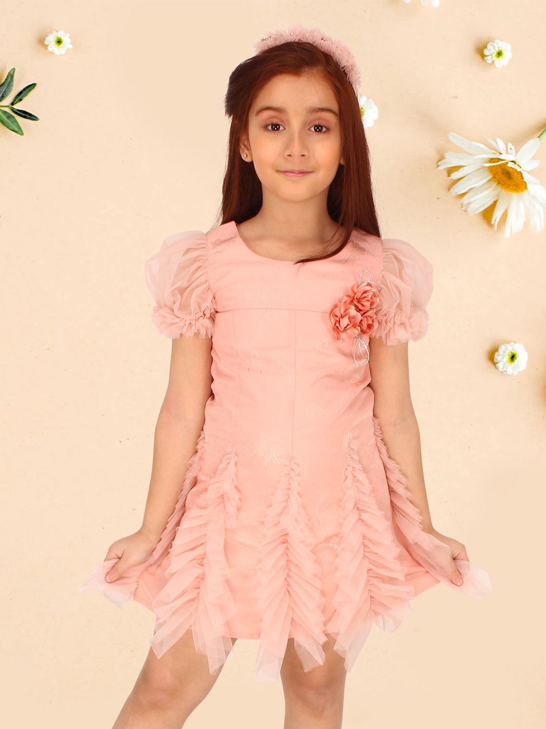 

CUTECUMBER Girls Embellished Round Neck Puff Sleeve Net Fit & Flare Dress, Peach