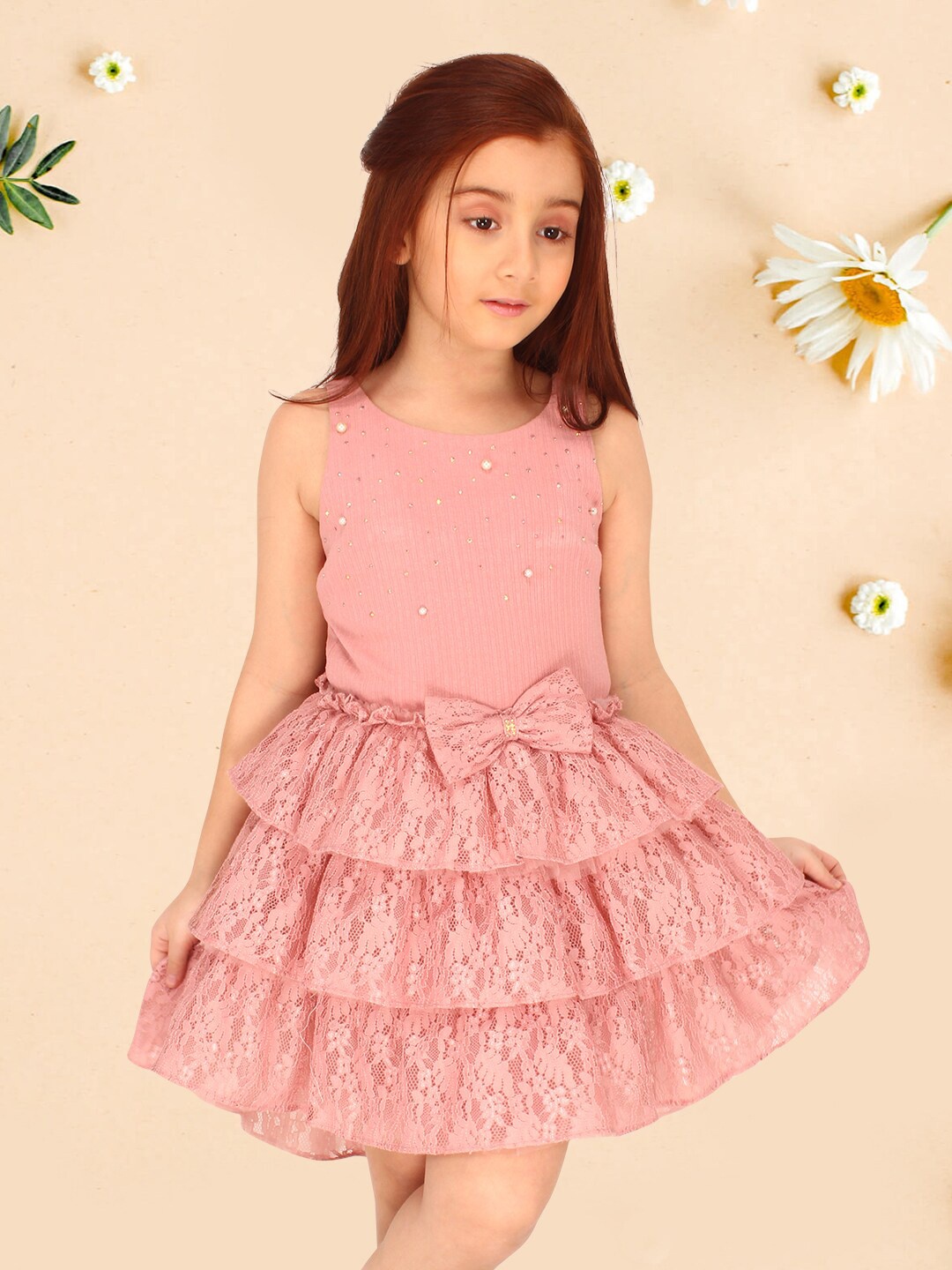

CUTECUMBER Girls Round Neck Sleeveless Net Fit & Flare Dress, Pink