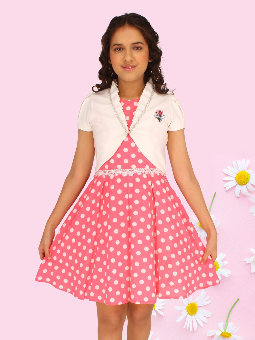 

CUTECUMBER Girls Polka Dot Print Round Neck Short Sleeves Georgette Fit & Flare Dress, Pink