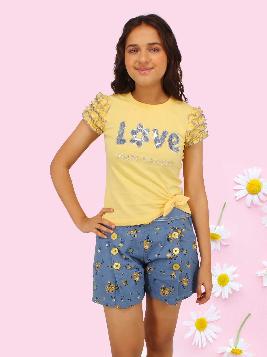 CUTECUMBER Girls Embellished Top with Shorts, Yellow