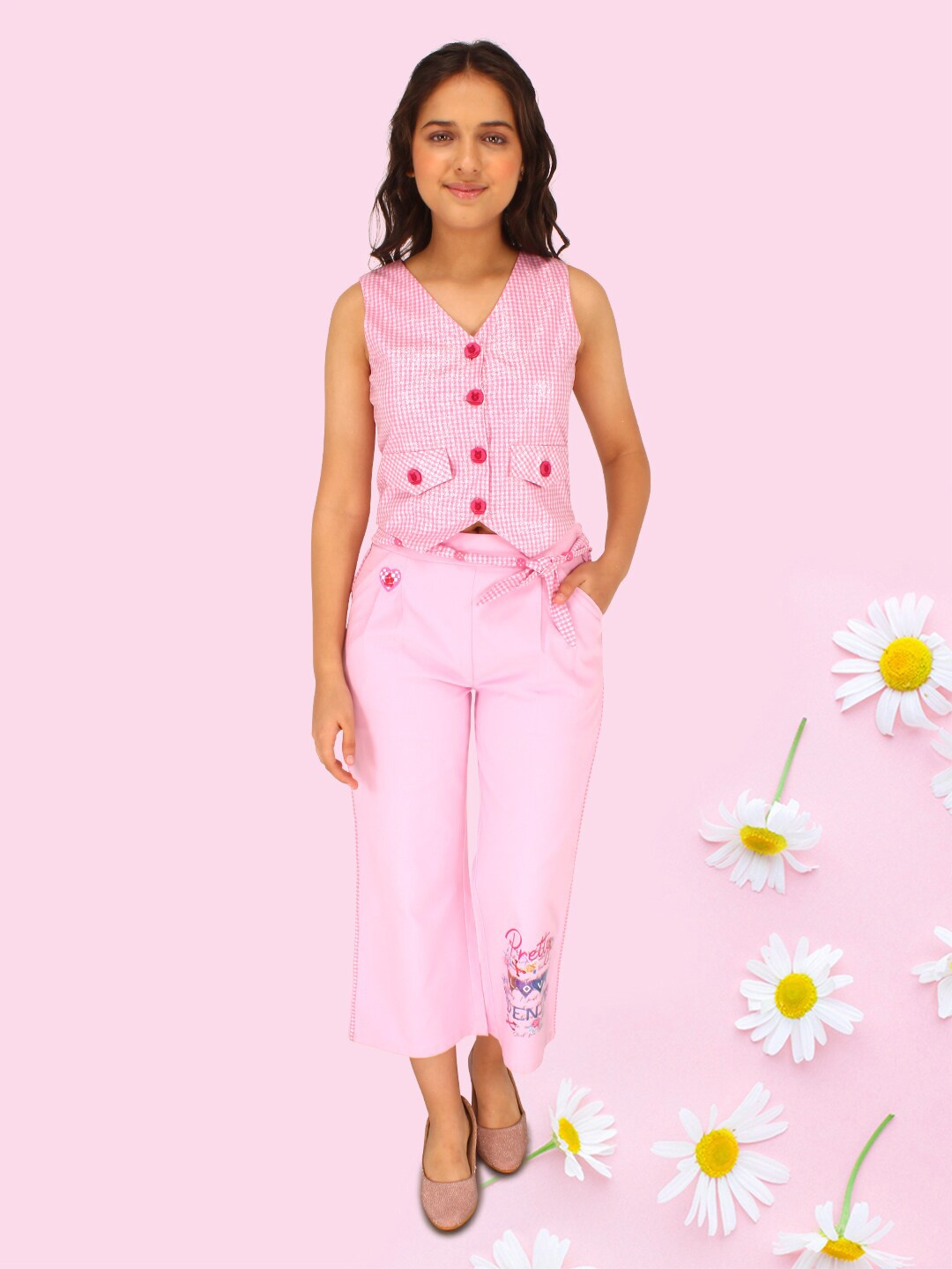 

CUTECUMBER Girls Checked Sleeveless Crop Top With Trouser, Pink
