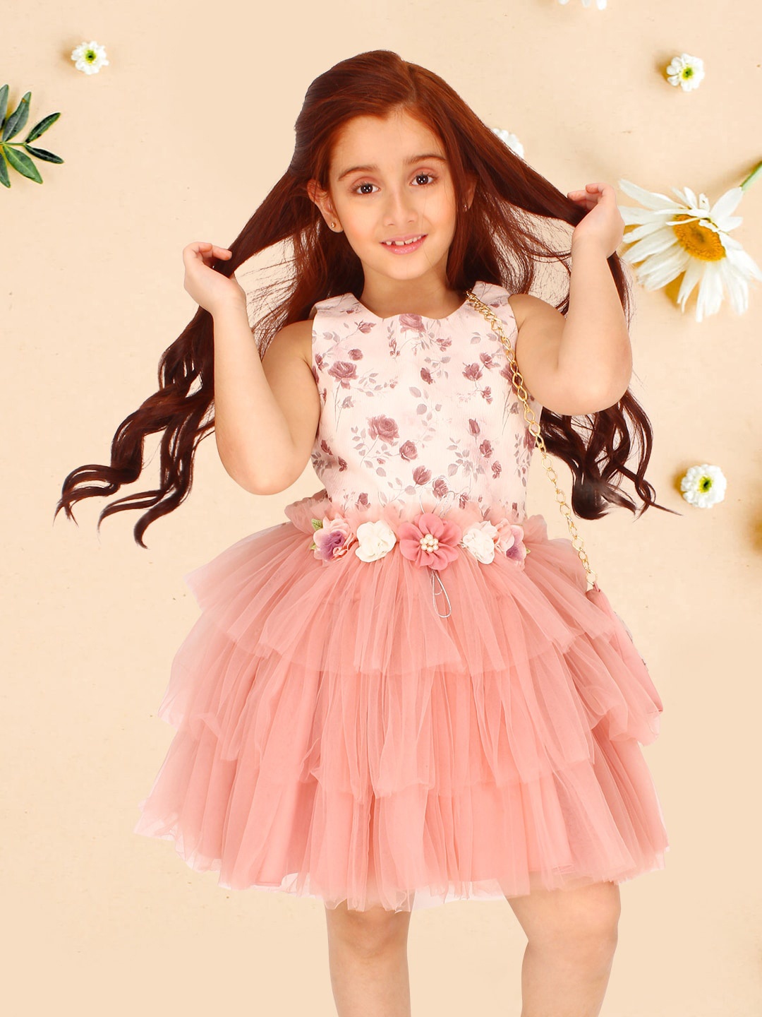 

CUTECUMBER Girls Floral Print Round Neck Sleeveless Georgette Ruffles Fit & Flare Dress, Peach