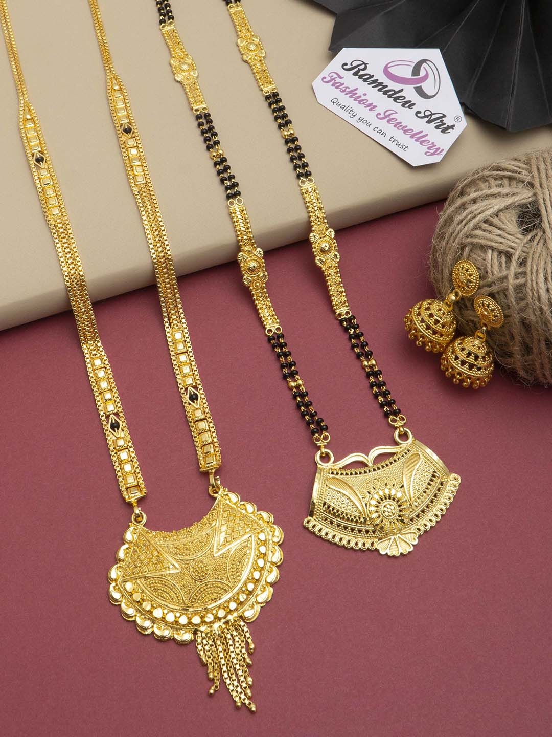 

Ramdev Art Fashion Jwellery Set Of 2 Gold-Plated Beaded Mangalsutra With Earrings