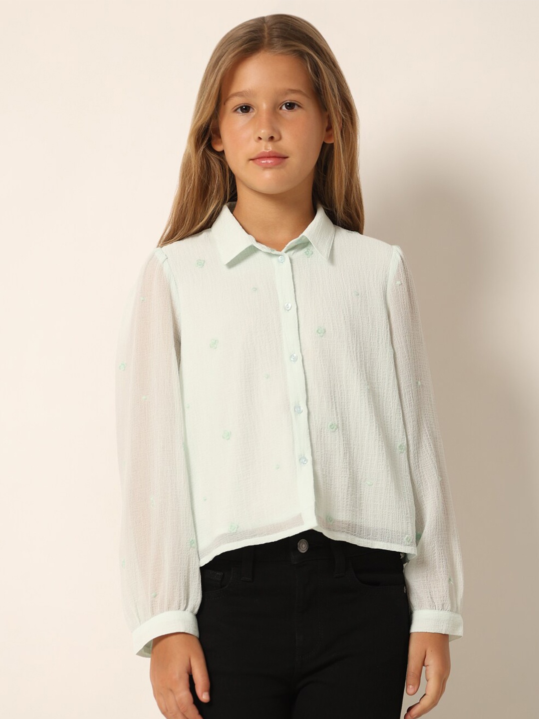 

Vero Moda Girls Spread Collar Long Sleeves Casual Shirt, Green