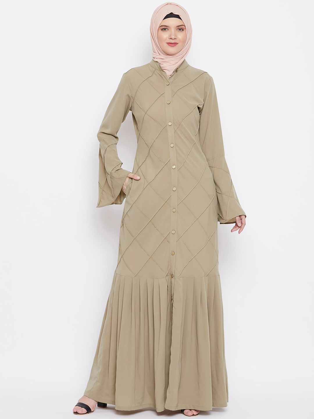 

MOMIN LIBAS Front Open Pleated Abaya Burqa, Beige