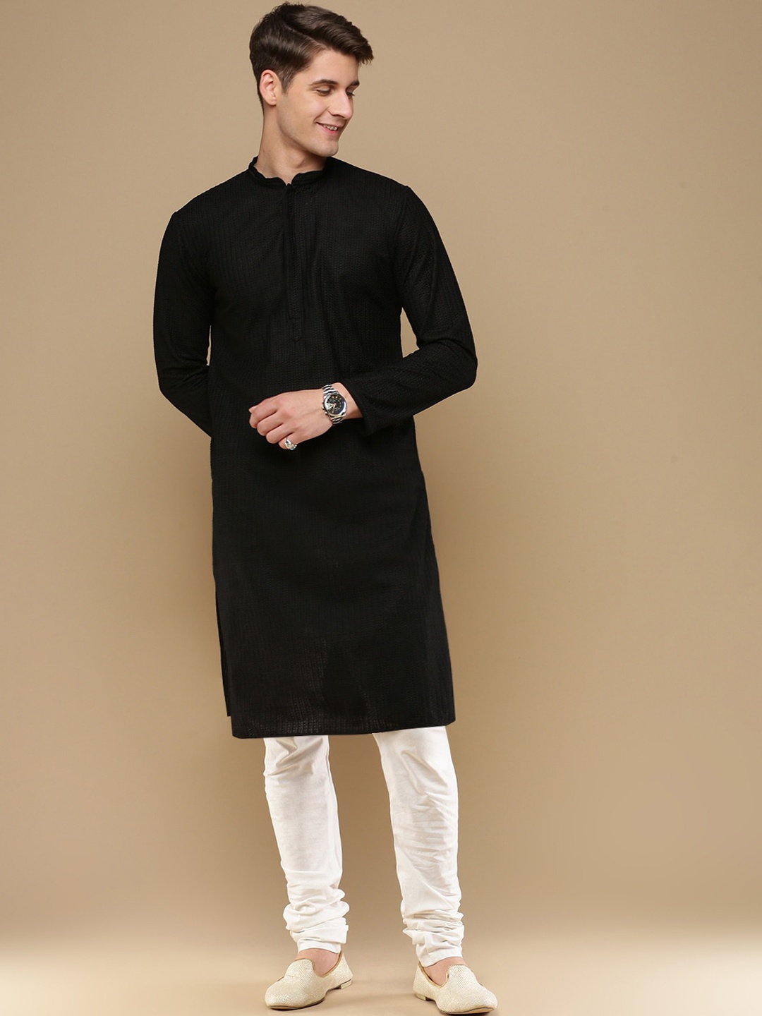 

Sanwara Ethnic Motifs Embroidered Mandarin Collar Chikankari Straight Kurta With Churidar, Black