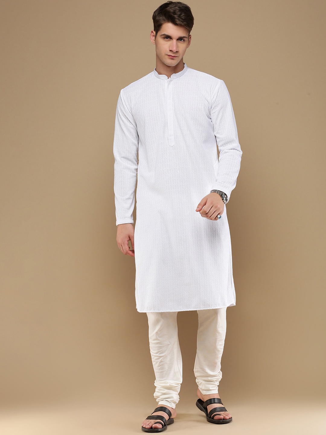 

Sanwara Ethnic Motifs Embroidered Mandarin Collar Chikankari Straight Kurta With Churidar, White