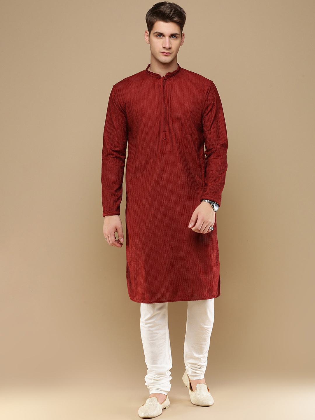 

Sanwara Ethnic Motifs Embroidered Mandarin Collar Chikankari Straight Kurta With Pyjama, Maroon