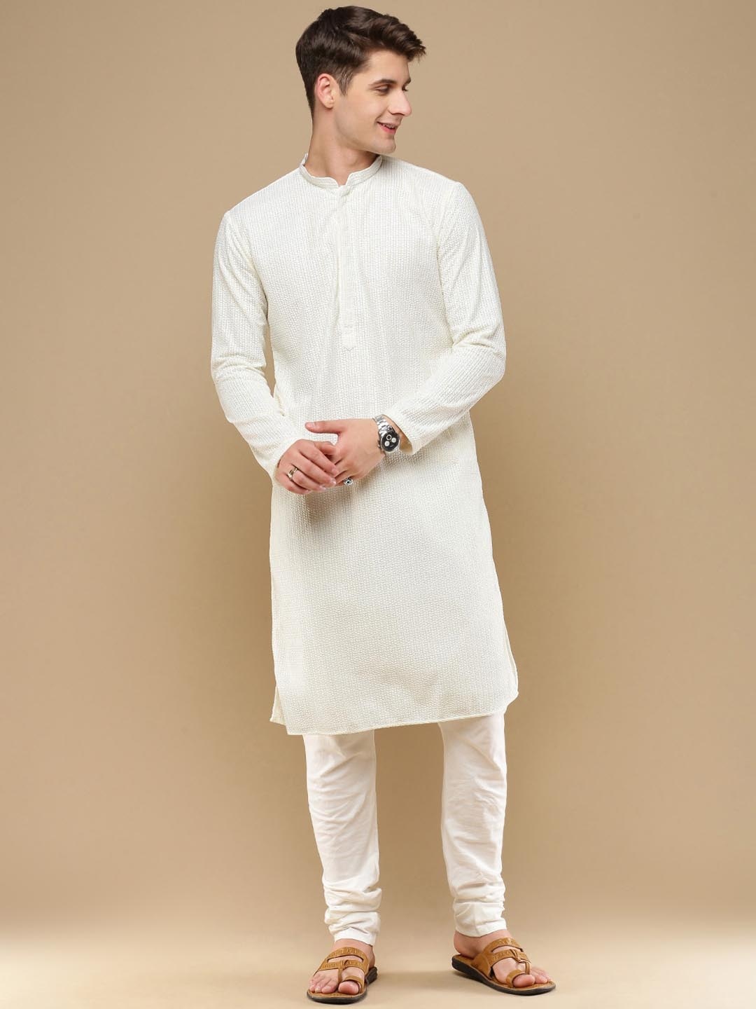 

Sanwara Ethnic Motifs Embroidered Regular Chikankari Kurta with Churidar, Off white