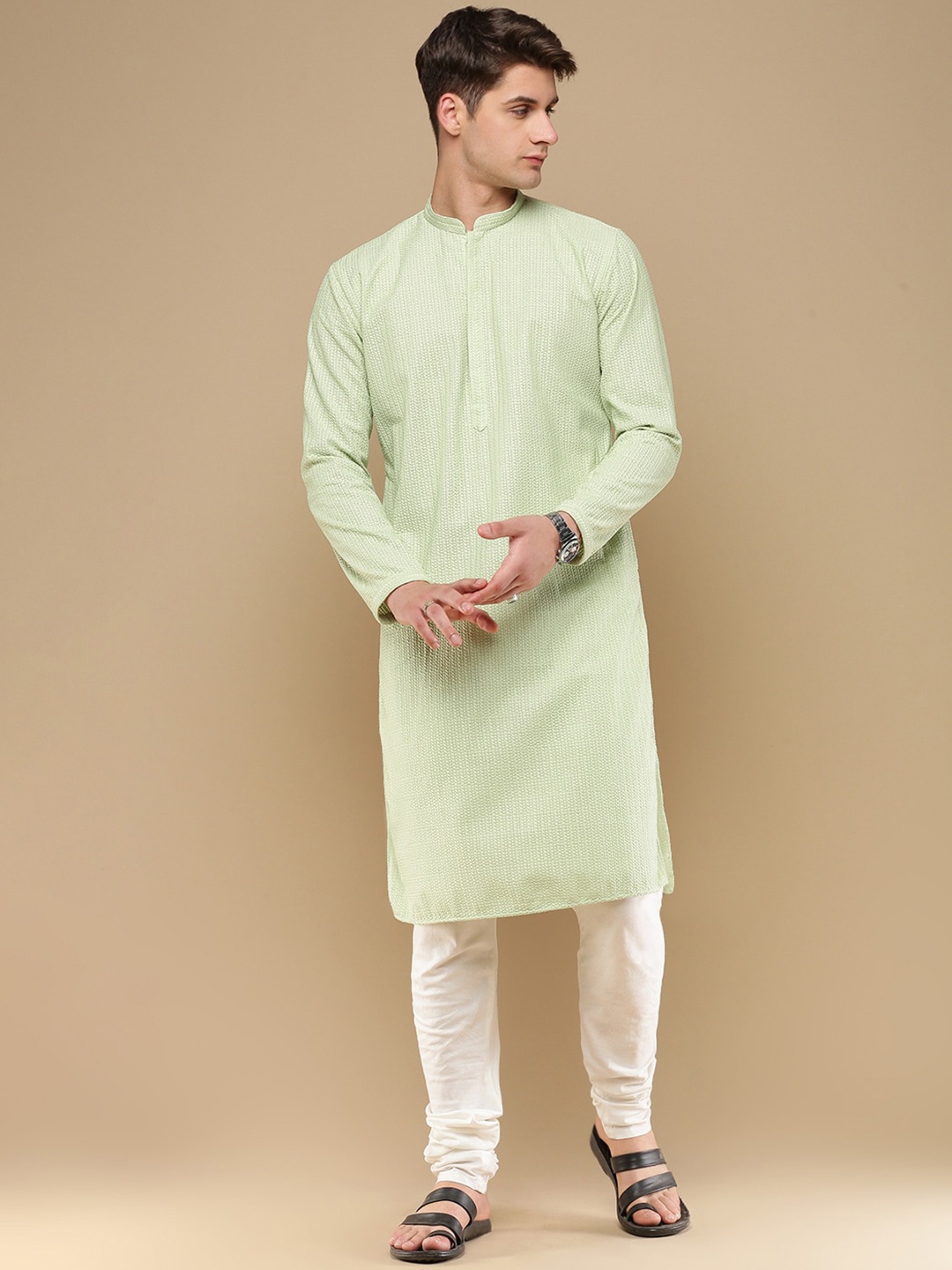 

Sanwara Ethnic Motifs Embroidered Chikankari Straight Kurta With Churidar, Green