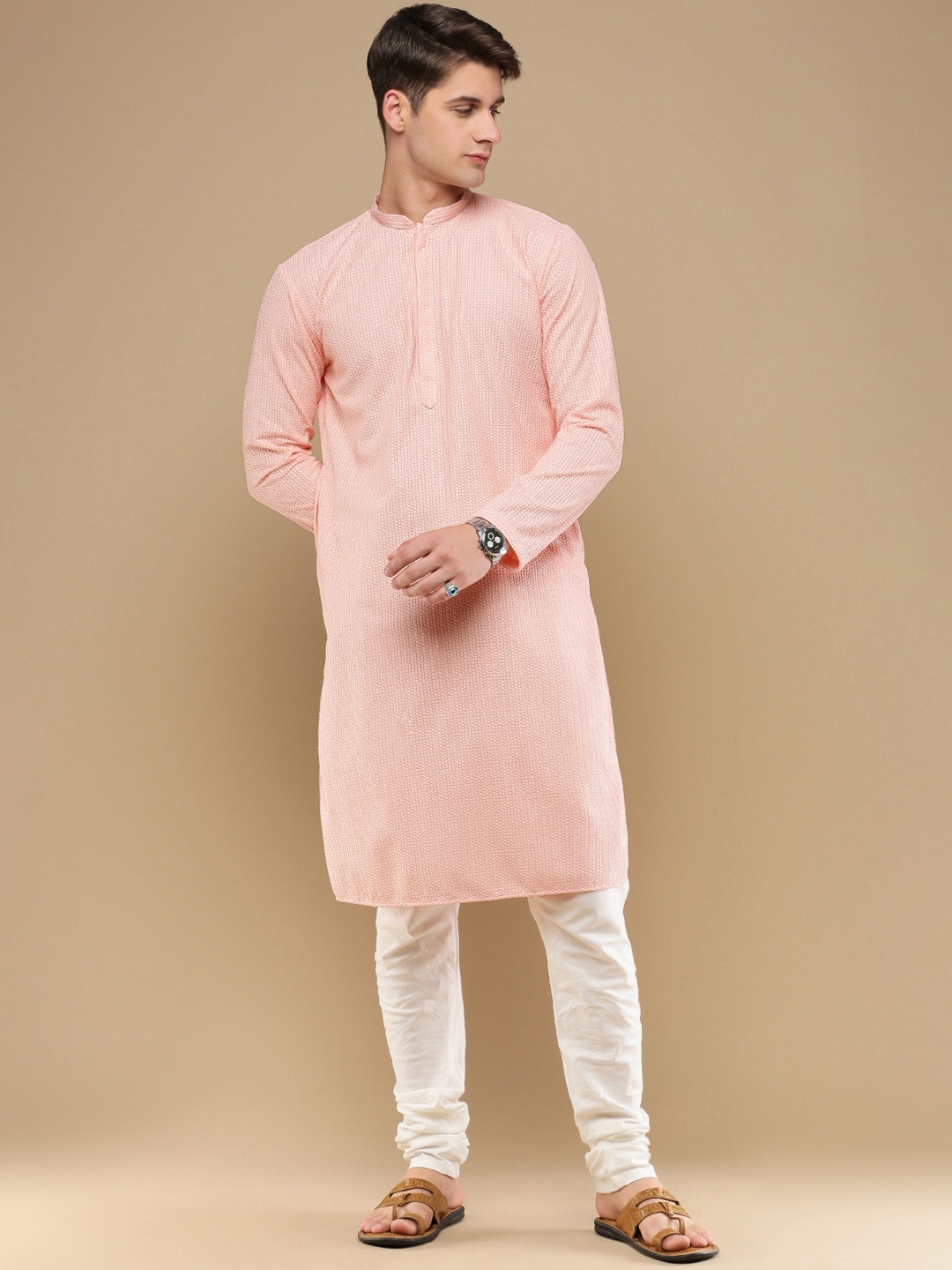 

Sanwara Ethnic Motifs Embroidered Regular Chikankari Kurta with Churidar, Pink