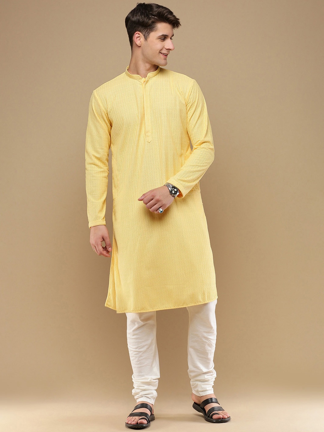 

Sanwara Ethnic Motifs Embroidered Regular Chikankari Kurta with Churidar, Yellow