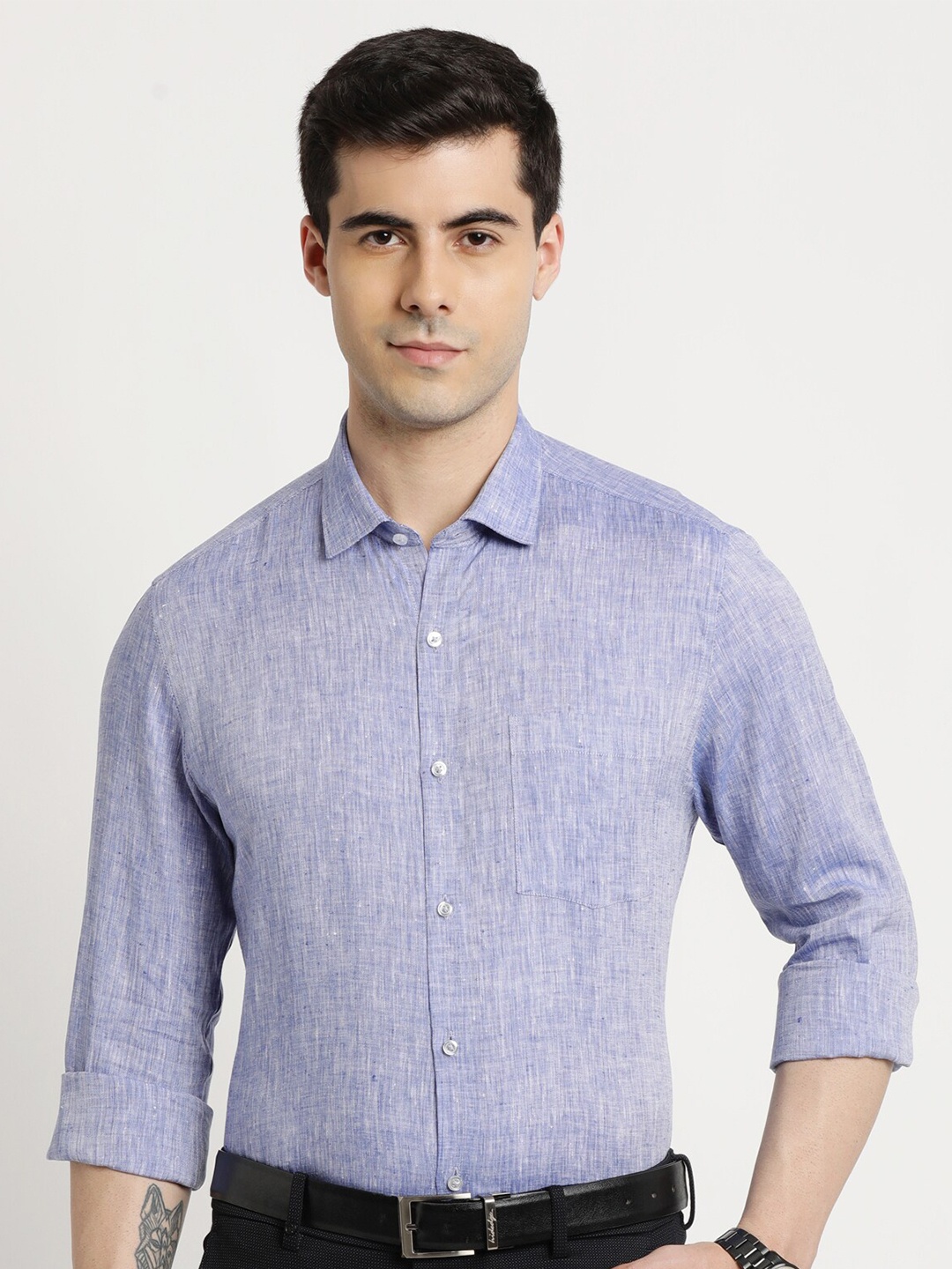 

Turtle Standard Slim Fit Opaque Pure Linen Formal Shirt, Blue