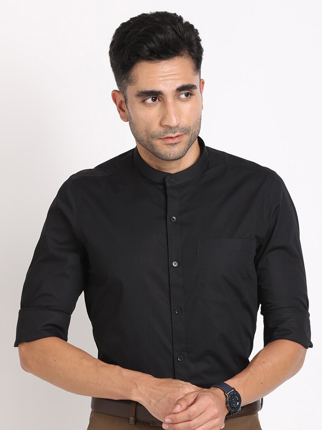 

Turtle Standard Slim Band Collar Long Sleeves Cotton Formal Shirt, Black