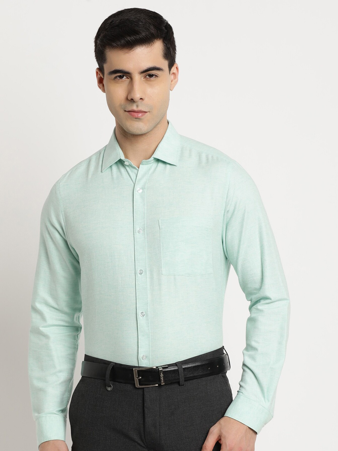 

Turtle Standard Slim Fit Opaque Cotton Formal Shirt, Green
