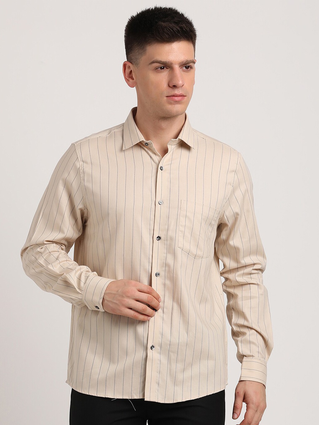

Turtle Standard Slim Fit Striped Spread Collar Cotton Formal Shirt, Beige