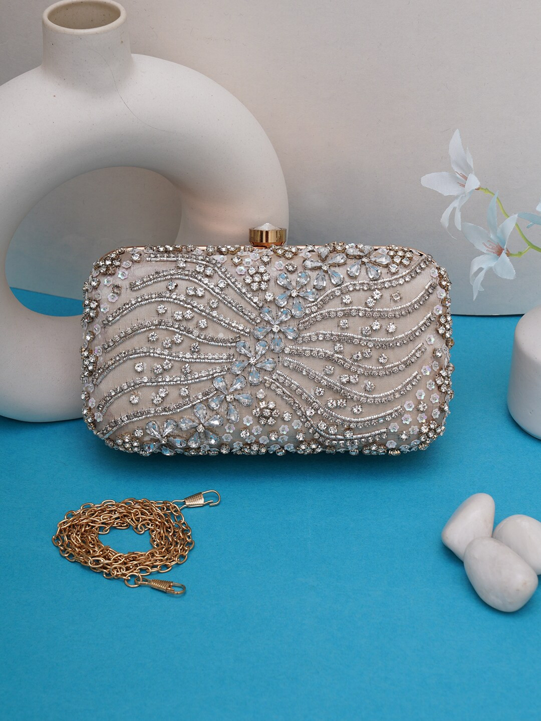 

FABBHUE Embellished Box Clutch, Silver