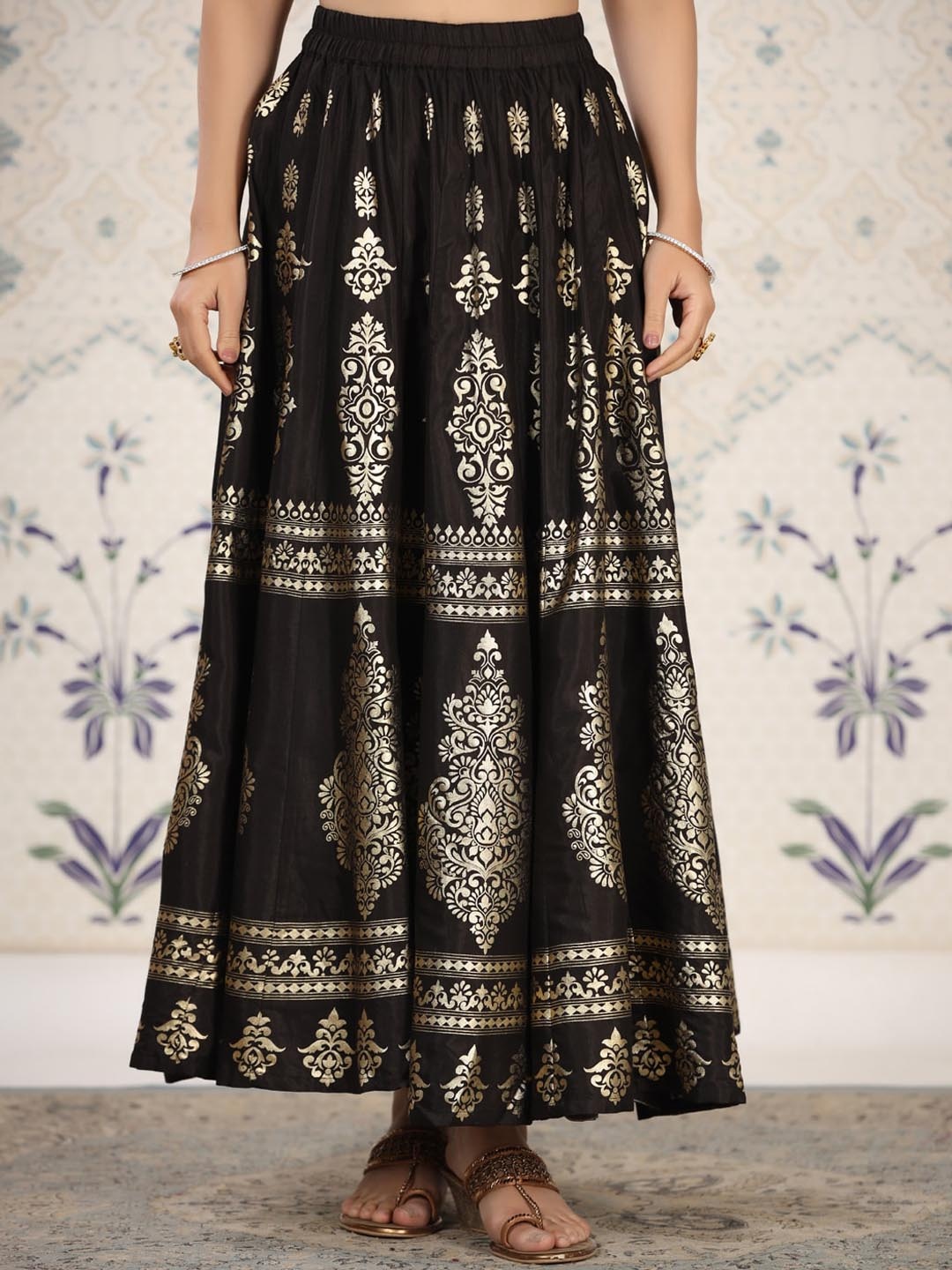 

Ode by House of Pataudi Ethnic Motifs Printed Flared Maxi Skirt, Black