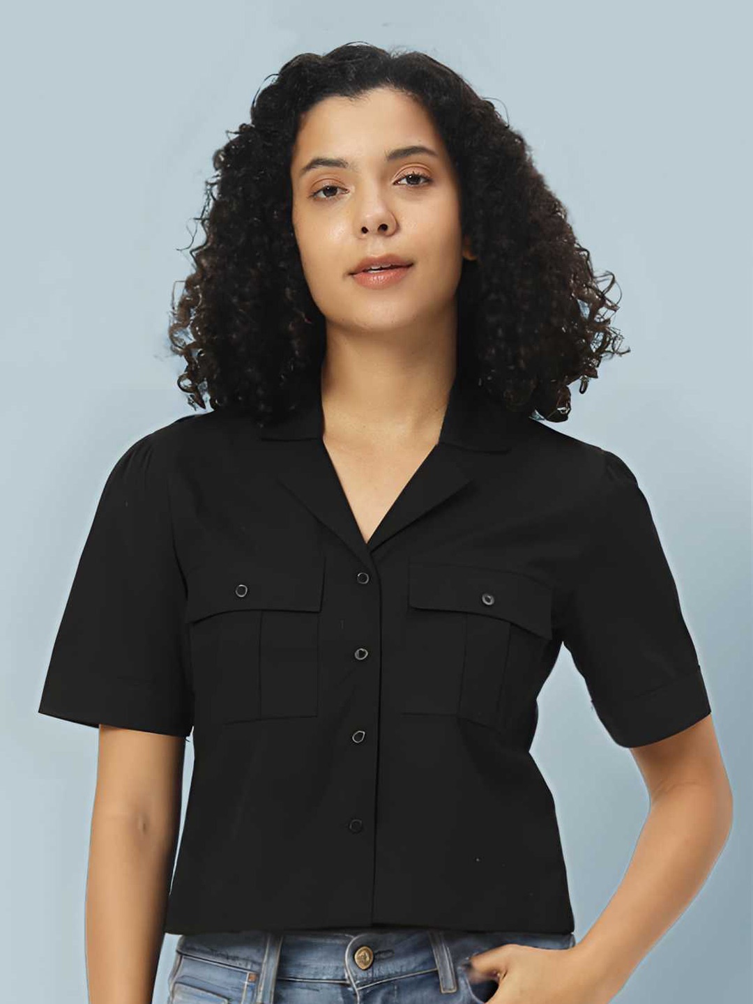 

CHARMGAL Classic Slim Fit Cotton Spread Collar Curved Casual Shirt, Black