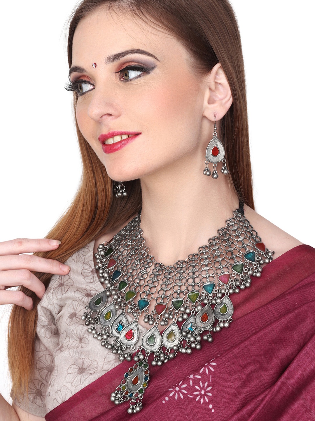

Anvik Silver-Plated Stone & Beaded Oxidised Jewellery Set