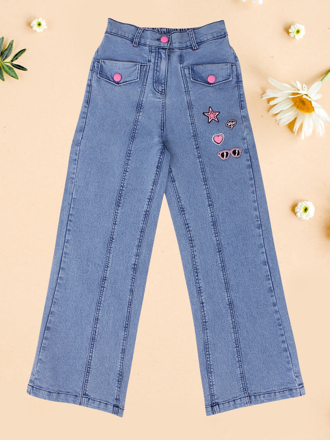 

CUTECUMBER Girls Mid-Rise Embroidered Dark Shade Clean Look Denim Cotton Jeans, Blue