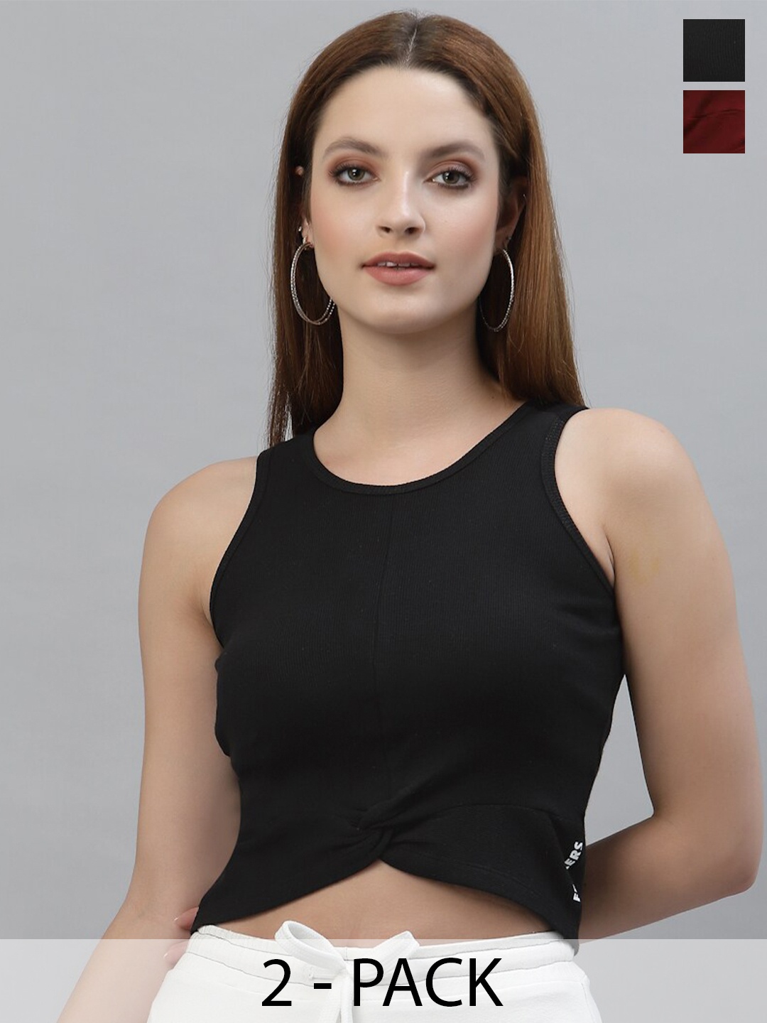 

Friskers Pack Of 2 Round Neck Sleeveless Cotton Crop Top, Black