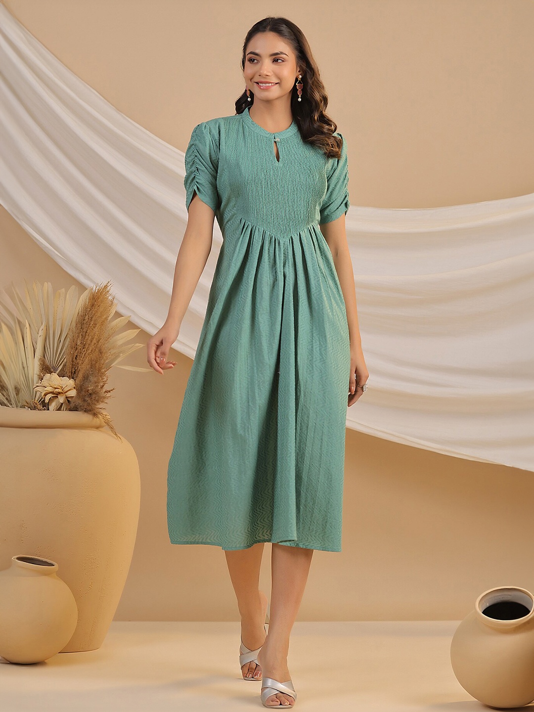 

JISORA Green Cotton Mandarin Collar Puff Sleeve A-Line Midi Dress