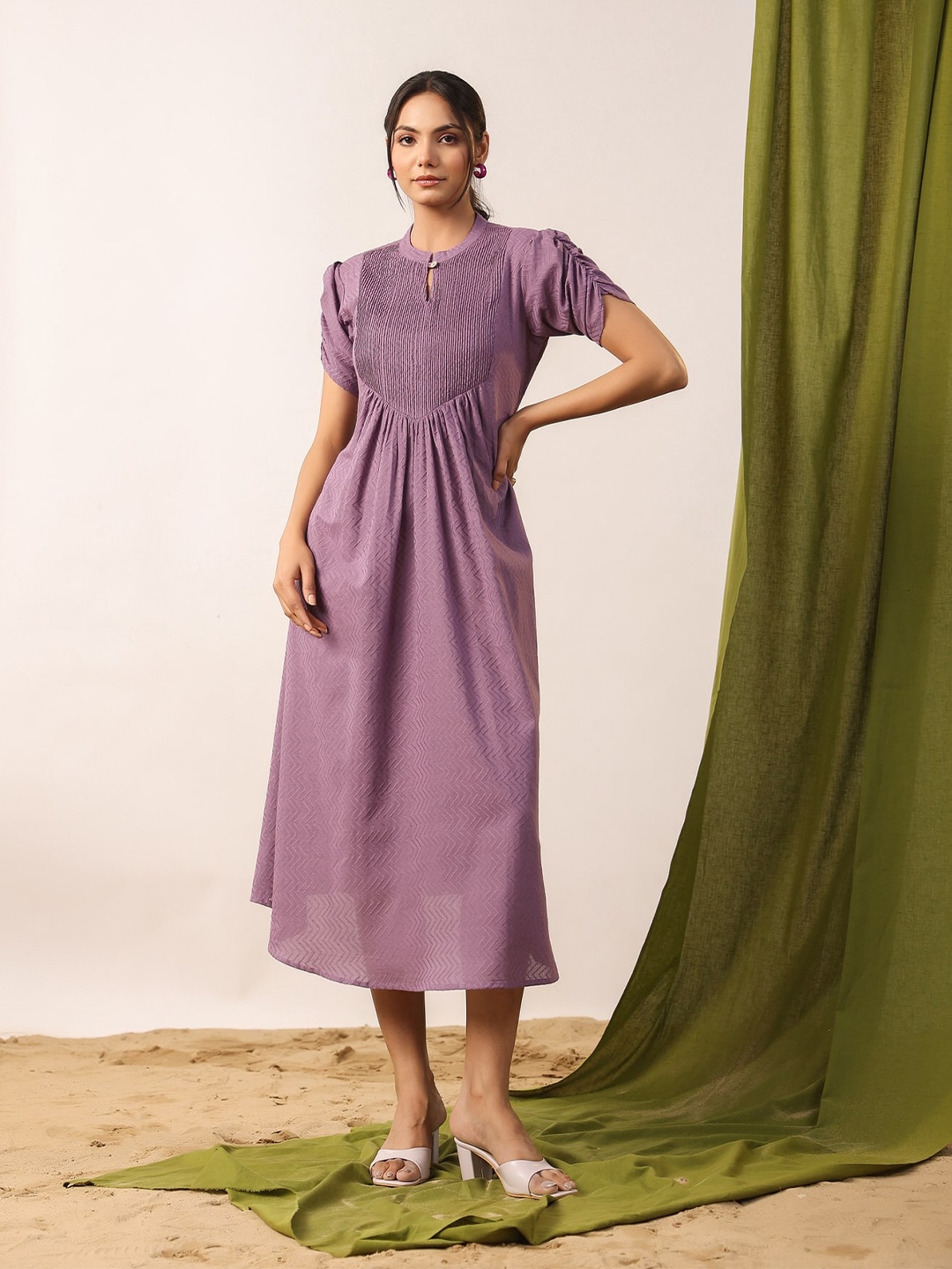 

JISORA Purple Mandarin Collar Cotton A-Line Midi Dress