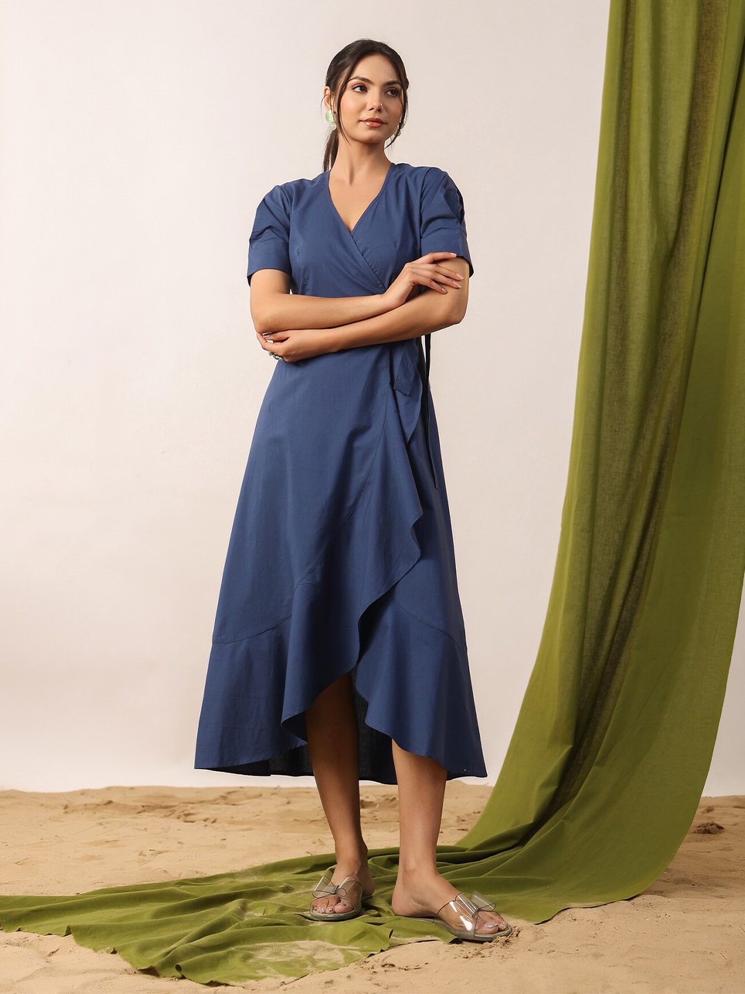

JISORA Blue Cotton Wrap Midi Dress