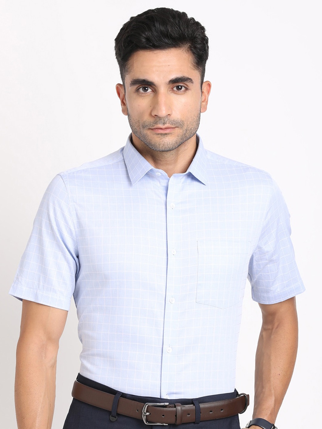 

Turtle Standard Fit Checked Cotton Formal Shirt, Blue