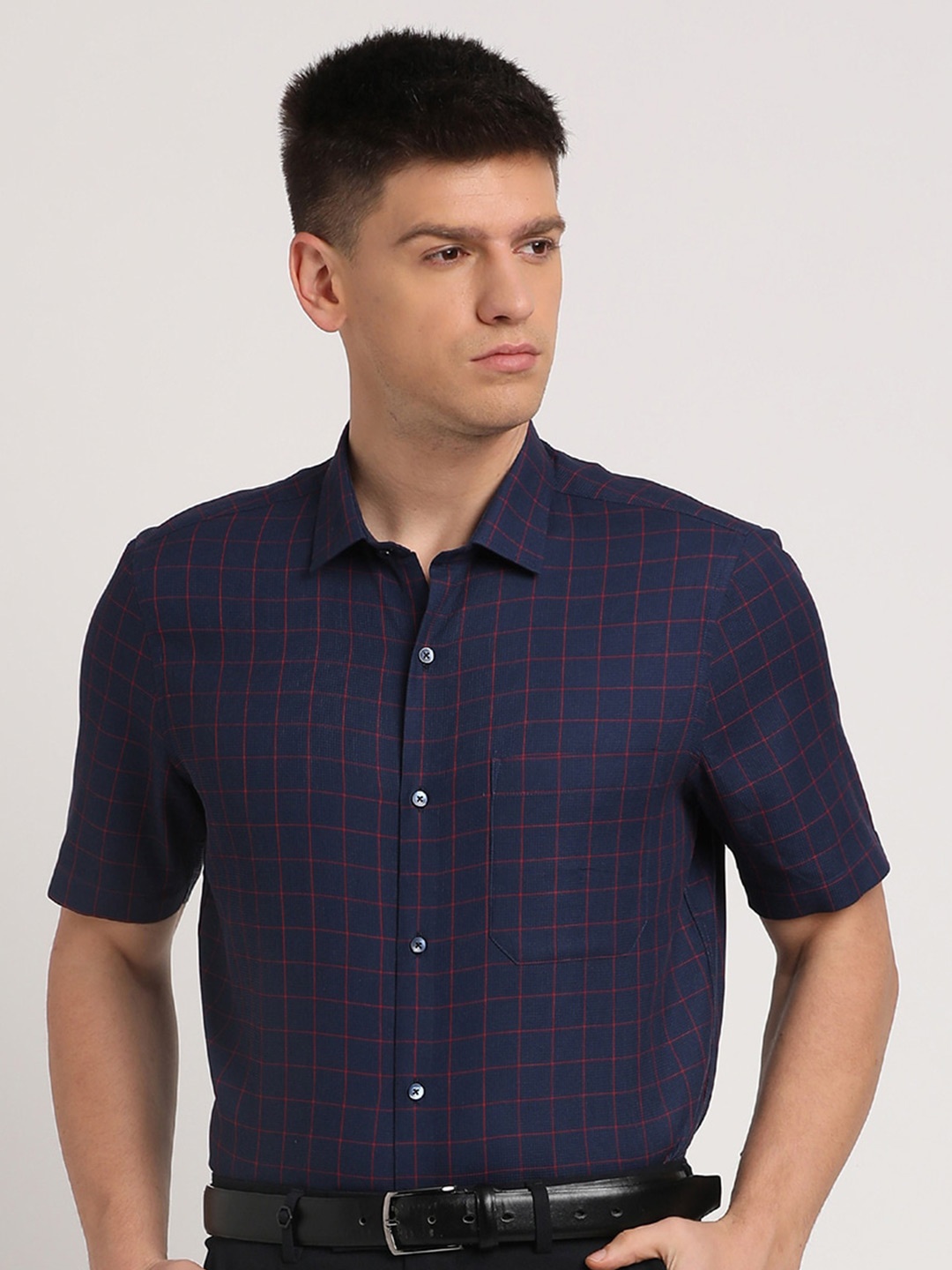 

Turtle Standard Fit Checked Spread Collar Cotton Formal Shirt, Navy blue