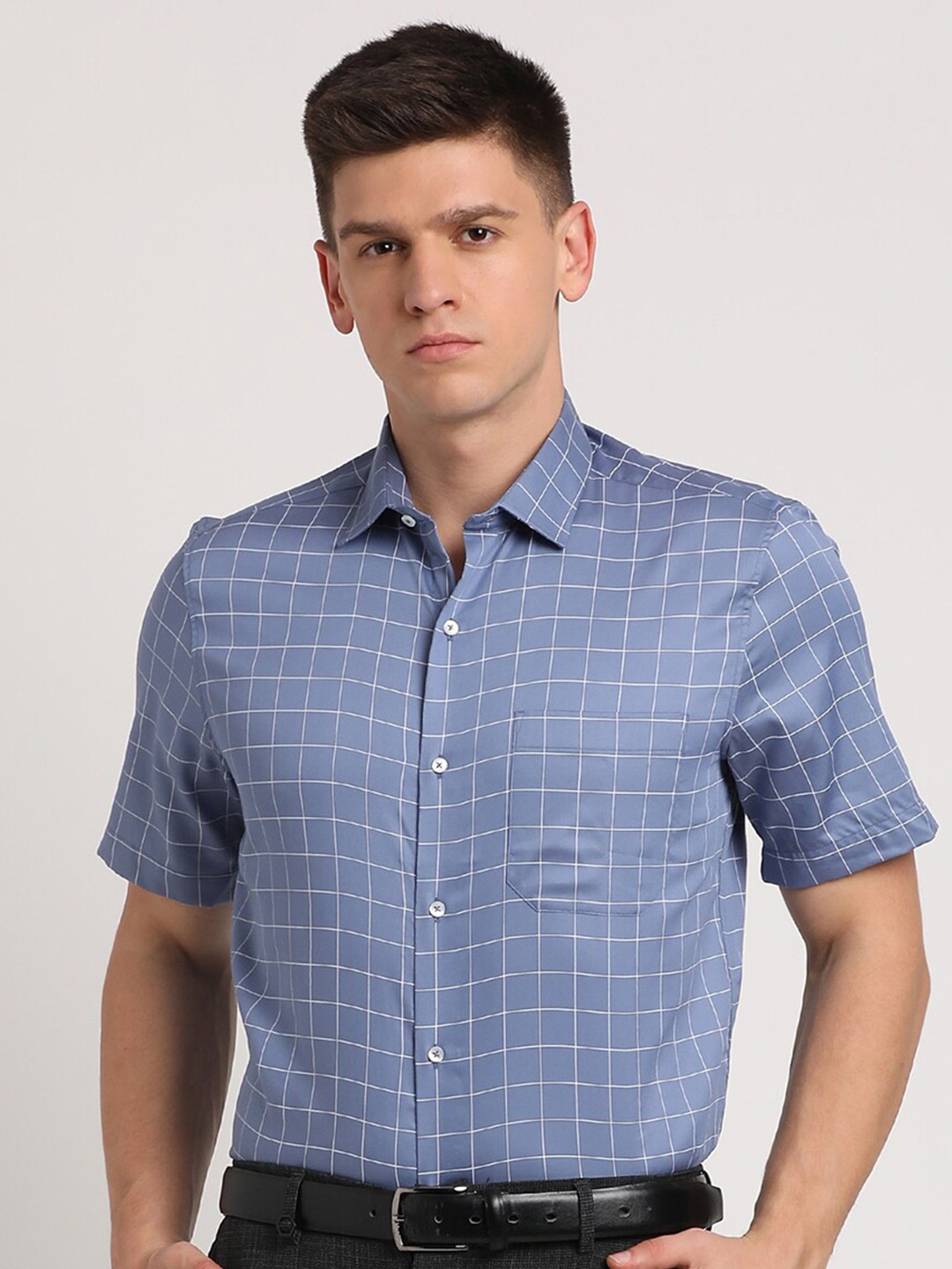 

Turtle Standard Grid Tattersall Checked Pure Cotton Formal Shirt, Blue
