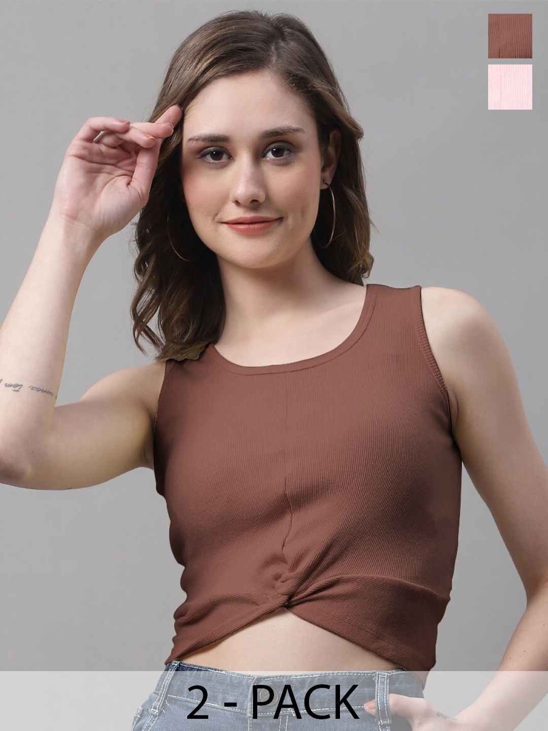 

FBAR Pack Of 2 Round Neck Sleeveless Twisted Fitted Crop Tops, Brown
