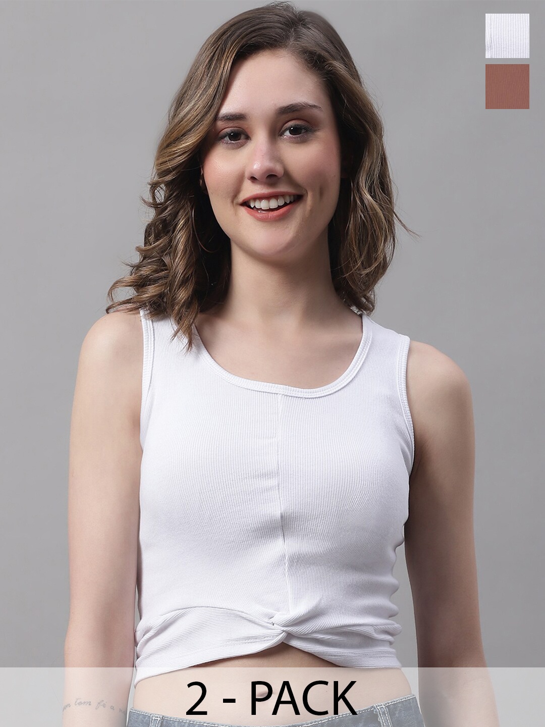 

FBAR Pack Of 2 Cotton Round Neck Sleeveless Opaque Casual Fitted Crop Tops, White