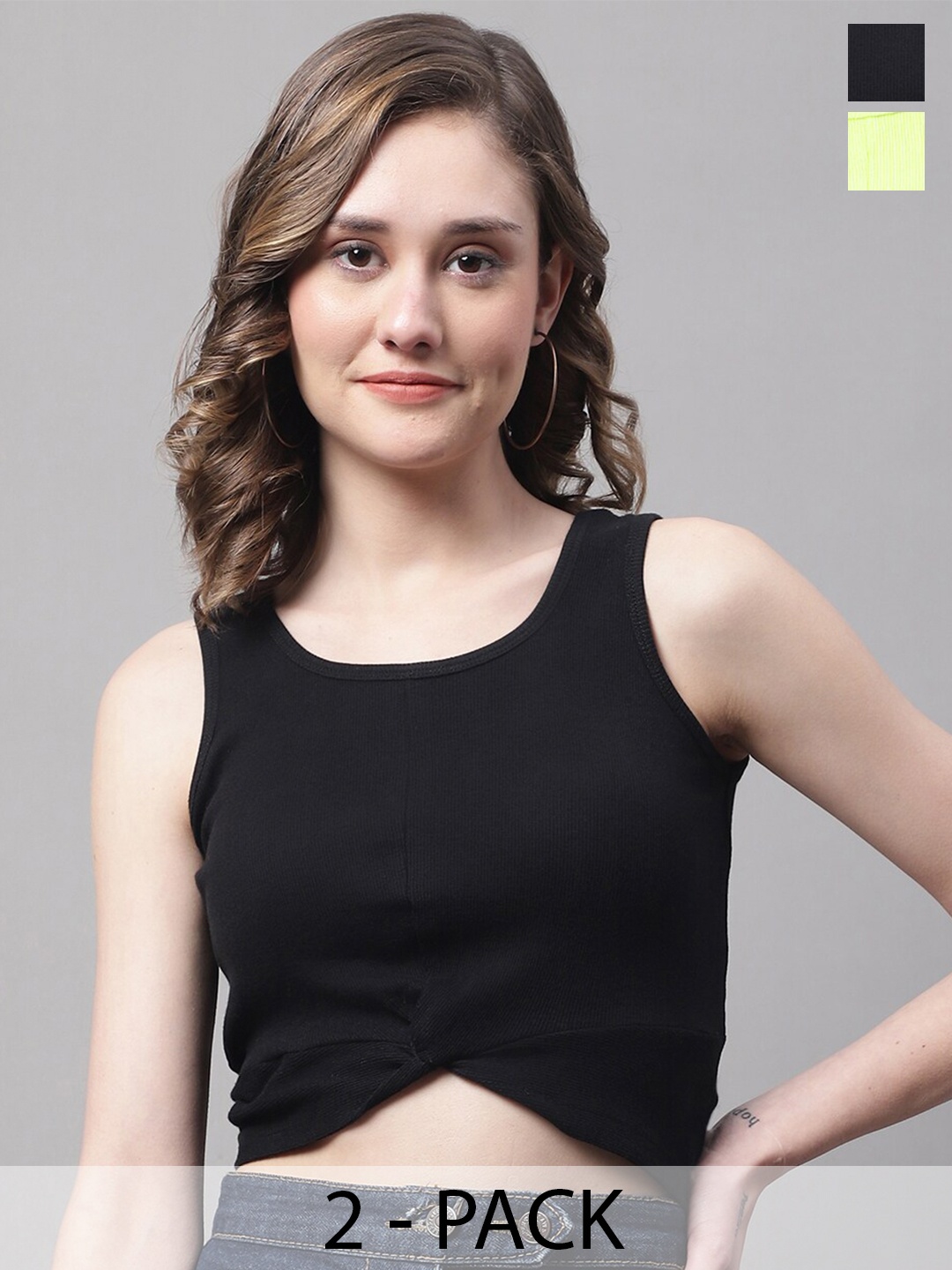

FBAR Pack Of 2 Round Neck Sleeveless Twisted Fitted Crop Tops, Black